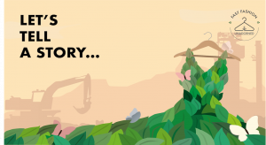 Background photo of the Fast Fashion website, with the text Let's tell a story.