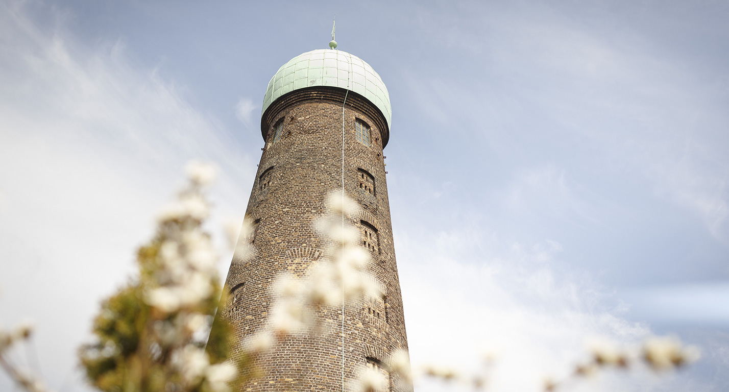 St Patrick's Tower against a cloudy sky at The Digital Hub in Dublin with the blooms of a pear tree in the foreground.