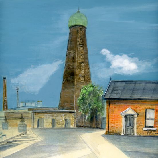 A painting of St Patrick's Tower at The Digital Hub against a blue sky with a tree and brick building to the foreground.